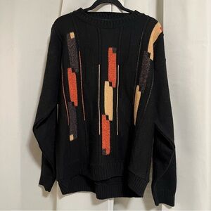 Protege Vintage 90s Men’s Black Knit Sweater w/ Orange and Yellow Details size L